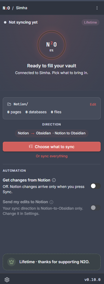 The N2O dashboard panel in the Obsidian sidebar