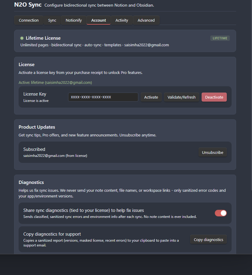 The Account settings tab
