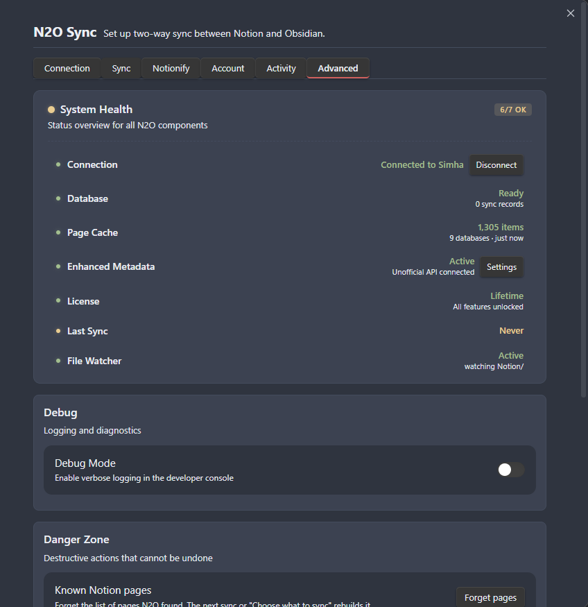 The Advanced settings tab with System Health, Debug, and Danger Zone