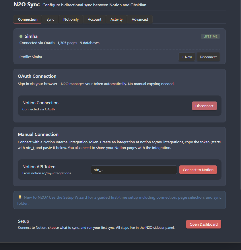 N2O Connection settings - OAuth and manual token