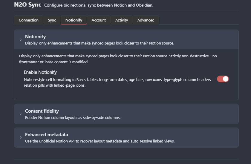 The Notionify settings tab