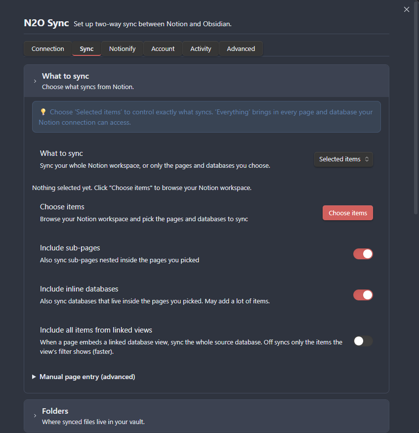 The Sync settings tab with collapsible sections