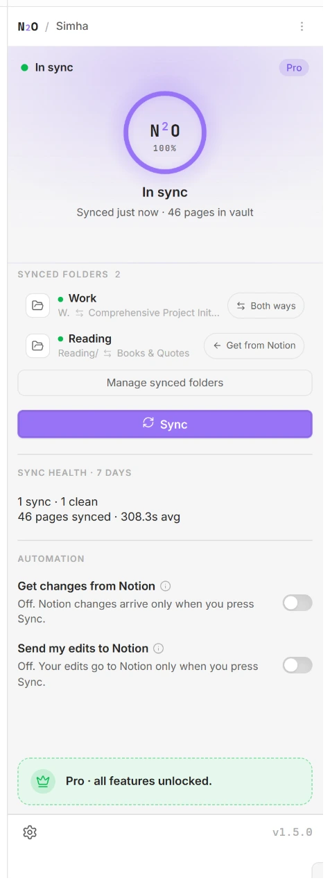 The N2O dashboard showing two synced folders, one set to Both ways and one to Get from Notion