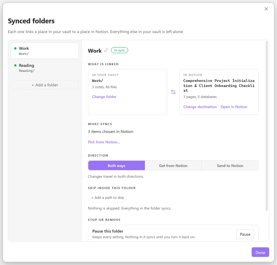 The Synced folders manager, showing what is linked, what syncs, direction, skip and pause controls for one folder