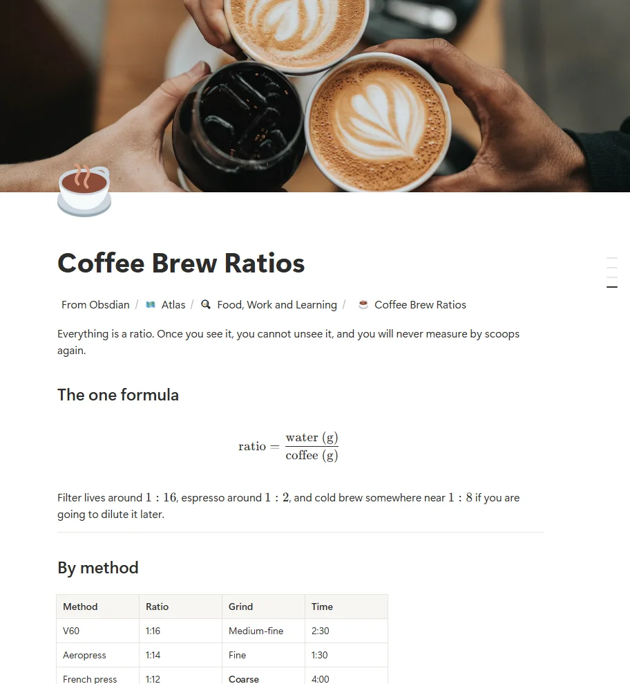 A Notion page showing a rendered fraction and a five row table of methods, ratios, grinds and times.