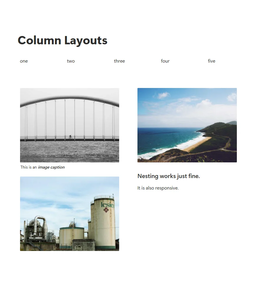 A Notion page with a row of five labelled columns, then three photographs in two columns, one of them captioned.