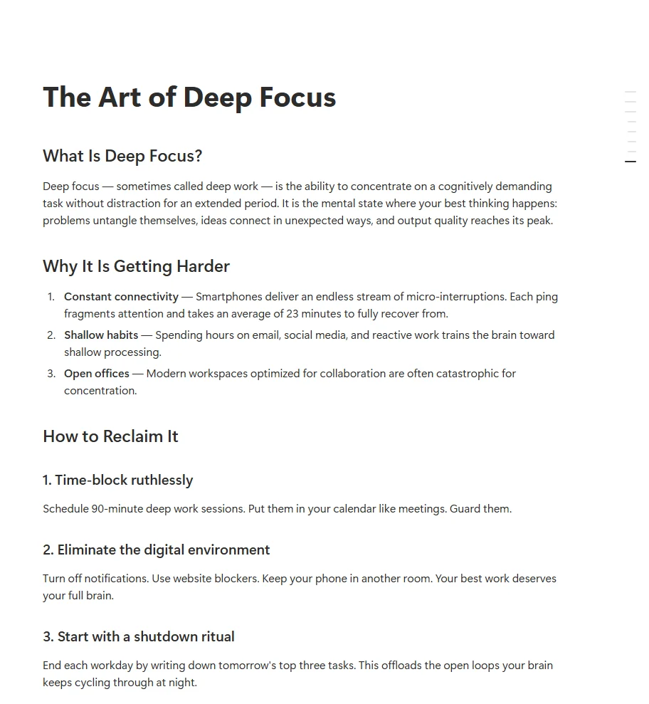 A Notion page of written prose with headings, a numbered list and bold lead-ins on each point.