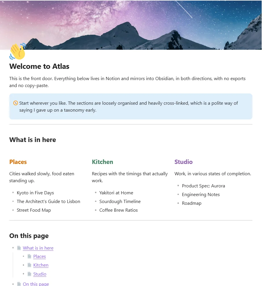 The same page in an Obsidian vault, with the same cover, icon, callout and three coloured columns.