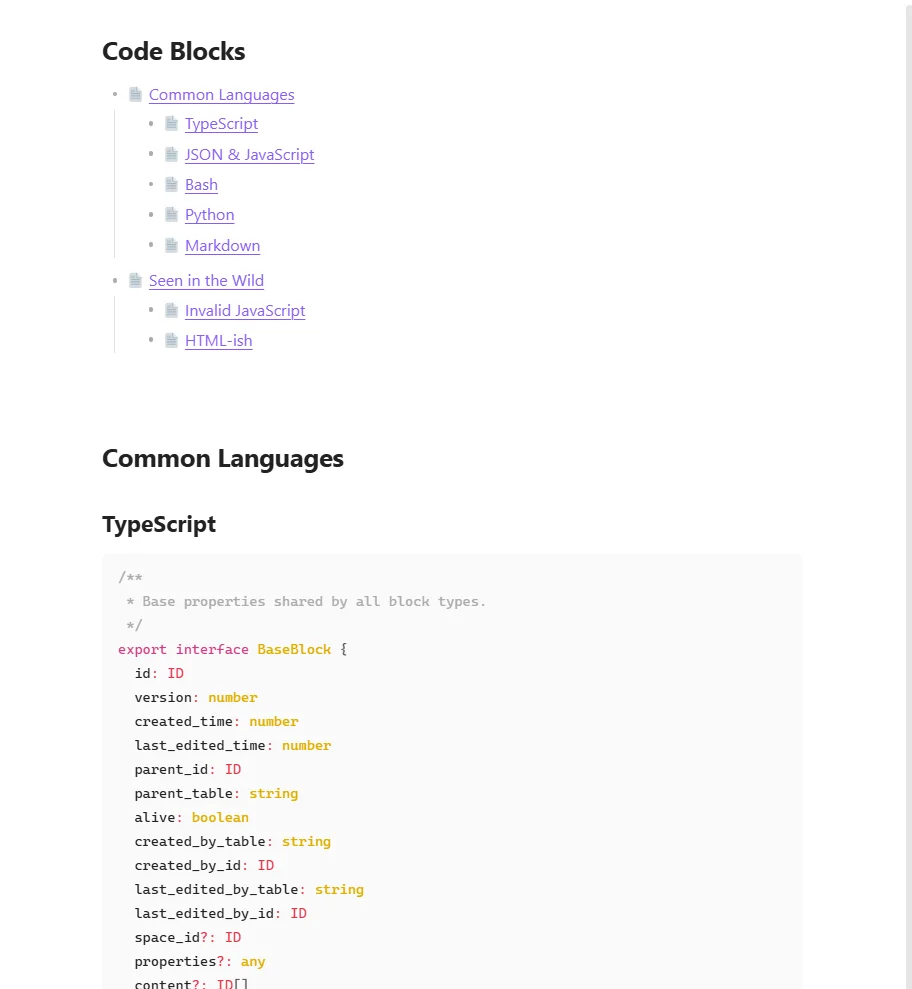 The same page in Obsidian, with the contents list as working links and the same TypeScript block, syntax highlighted.